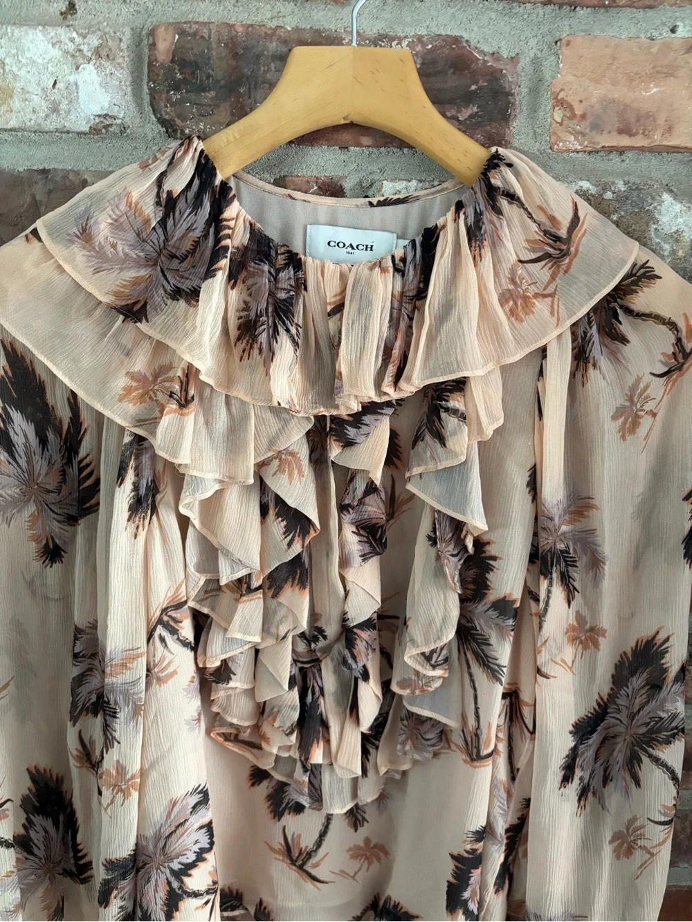 Coach Floral Silk Chiffon Peasant Button Up Long Sleeve Shirt Blouse, 4